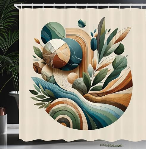 ABAKUHAUS Monstera Duschvorhang, Abstrakte Moderne Umarmung der Mutter Natur Malerische Formen Erde und Wasser, Stoffliches Gewebe mit Haken, 175 x 200 cm, Türkis Bernstein Olivgrün
