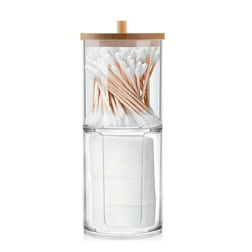 XINCHENG Porta per Cotton Fioc e Dischetti di Cotone, Palline di Cotone con Bambù Coperchio per Bagno, Porta Dispenser Trasparente per Cotton Fioc, Dischetti Struccanti, Qtips