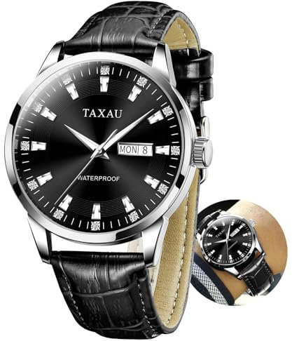Taxau Herren Lederuhr Mode Schwarzes Zifferblatt Analoge Quarzuhr mit Datum Klassische wasserdichte Kleid Armbanduhr Reloyes para Hombres