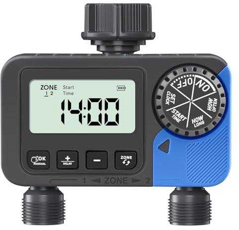 Timer per irrigazione per tubo da giardino: sistema di irrigazione per prato con 2 uscite, timer intelligente programmabile per irrigazione