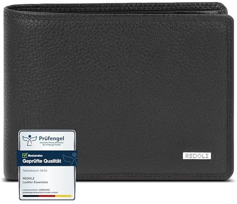 REDOLZ Herren Leder-Geldbörse mit Klappe & Druckknopf & Reißverschlussfach in Querformat | RFID-Schutz & 12 Kartenfächer | Geldbeutel 12 x 3 x 9 cm (schwarz)