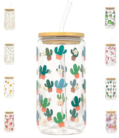 Glas Becher mit Deckel und Strohhalm, 500ml (16oz), Trinkglas mit Bambusdeckel, Eiskaffeglas, Geschenk (Cactus)