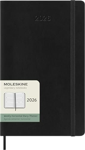 Moleskine Wochenplaner, Horizontale Wochenagenda 2026 12 Monate, Mit Weichem Einband und Elastischem Verschluss, Großformat 13x21, Farbe Schwarz