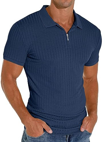 PrinStory Herren Polo Shirt Kurzarm Poloshirt Mit Reißverschluss Golf Freizeit Stretch Slim Fit T-Shirt