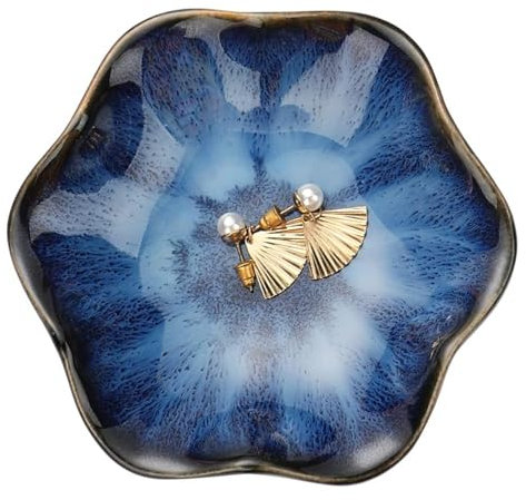 CavspkArt Ceramic Jewelry Dish, Decorative Trinket Tray, Small Ring Dish, Trinket Key Tray, Jewelry Tray, Jewelry Plate, Key Bowl, Ceramic Trinket Dish Gift for Women and Girls (Dark Blue)