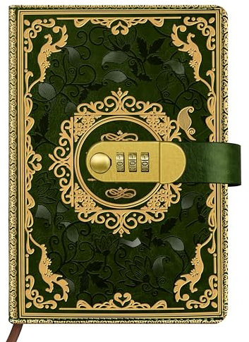 Qefuna Tagebuch mit Schloss, A5 PU Leder mit geprägter Folie gestempelt Retro Floral Diary mit Kombination 200 Seiten, 100Gsm Papier, Vintage Reading Journal Tagebuch Für Erwachsene(Grün)