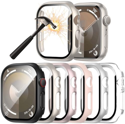 6-Stück Schutzhülle mit Displayschutzfolie Kompatibel mit Apple Watch Series 9/8/7 45mm,Ultradünne Hard Gehäuse Eingebaut Kratzfest Gehärtetes Glas Schutzfolie für iWatch 7 8 9 45mm