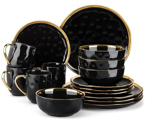 WJLYDM Geschirrset 16/32-teiliges Geschirrset aus schwarzem Porzellan mit Goldrand, Dessertteller, Speiseteller, Tasse, Schüssel, Geschirrset FüR Das Abendessen(16 Piece)