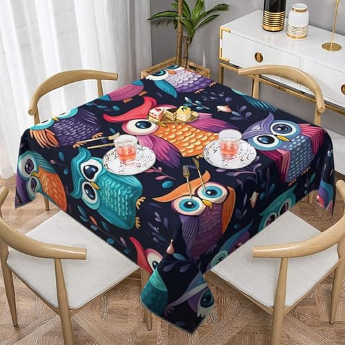 Mexpekil Bunte Eule Vogel quadratische Tischdecke, waschbar, schmutzabweisend, dekorative Tischdecke für Esszimmerpartys