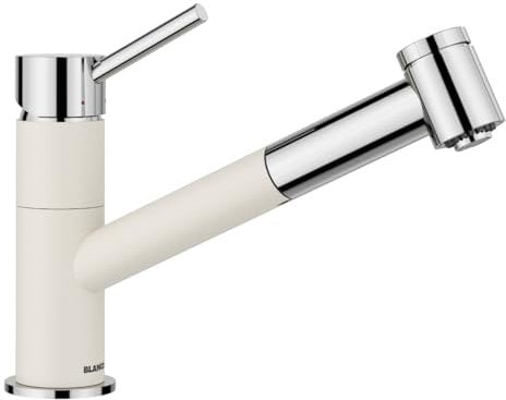 BLANCO KANO-S Vario | Küchenarmatur in softweiß/chrom | Hochdruck | Mit herausziehbarem Schlauch | Rückflussverhinderer | Keramik Kartusche | mit umstellbarer Brause für einen starken Strahl