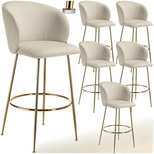 tectake® Samt Hocker hoch, Barhocker mit Lehne, als Küchenhocker, Barstuhl, Barmöbel, Barstühle Set oder Bistrostuhl, Tresenhocker, Esszimmerstühle, Sitzhocker für Kücheninsel - Creme/Gold, 6er Set