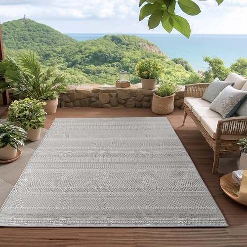 HomebyHome Outdoor Teppich Grau 240x340 cm Wetterfest UV-beständig Pflegeleicht Skandinavisches Boho Design für Küche Balkon Terrasse Garten Wohnzimmer