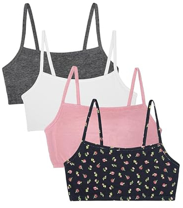 Fruit of the Loom Women's Spaghetti Strap Cotton Pullover Sports Bra Value Pack, Dancing Rosebuds/Lilas/White/Charcoal, 40 (Pack of 4)