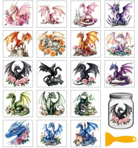 GLOBLELAND 18 Blatt Bunte Fantasy Drachen UV DTF Tasse Transfer Aufkleber 3.9x3.6 Zoll Magische Blumen Bunte DTF Transferaufkleber Möbel Großformat Transfers für Glasbecher Keraflott Möbel Glas Holz