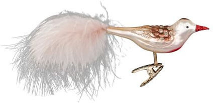 Christbaumschmuck Vogel auf Clip 9,5cm mundgeblasenes Glas handbemalt - Glasfigur Dekovogel mit Glitzer und Federschwanz auf Klammer - Weihnachtskugeln - Vögel Deko Beige