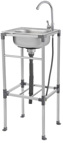 Fregadero independiente con armario inferior, para camping, 1 lavabo, de acero inoxidable, con grifo de 360°, para restaurante, lavandería, garaje