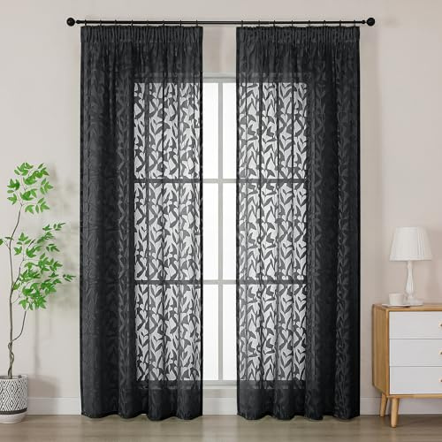 Simplebrand Leah Schwarz Lichtdurchlässig Clip Jacquard Voile Ausbrenner Gardine mit Blätter Muster transparenter Vorhang mit Kräuselband Wohnzimmer Gardinenschals B140xH220cm Schwarz 2 St