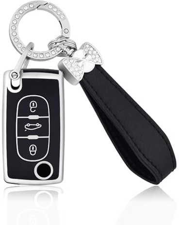 OFFCURVE Etui a Cle Voiture Couvre Clef 3 Boutons Coque de Clé avec Porte Clé pour Peugeot 206 207 307 308 407 2008 3008 4007 5008 Citroen C1 C2 C3 C4 Picasso Berlingo (Argent Noir)