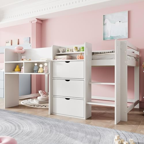 A ALFRESCOOL Hochbett 90x200cm, Halbhohes Kinderbett mit Stauraum & Spielbereich, Hausform, Mehrere Staufächer, Einzelbett Jugendbett mit Regalfächern, Schrank & Leiter, Ohne Matratze(Weiß)