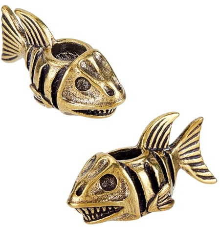 DICOSMETIC 2Pcs Paracord Lanyard Beads Piranha Fish Lanyard Bead for Knife Antique Golden Large Hole Bead 27mm Fish Large Metal Beads for Knife Keychain Bracelet, Hole: 5.5mm