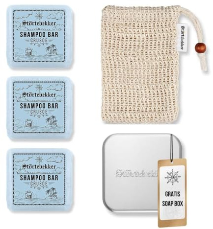 Störtebekker® Premium Duschset - Festes Shampoo Crusoe (x3), Sisalsäckchen + GRATIS Seifendose Aluminium - Shampoo Bar Set für Haare, Kopfhaut & Bart - Handgefertigt in Seifenmanufaktur
