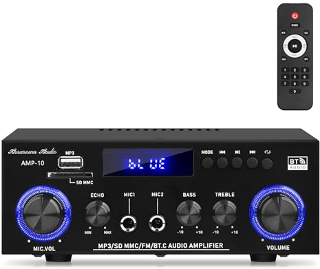 Henakmsl Bluetooth Stereo Verstärker 2.0, 2 x 50 W, Subwoofer-Out | Mit USB, SD, FM, AUX, 2 Mikrofoneingängen, Echo, Fernbedienung und Ausgang für aktiven Subwoofer