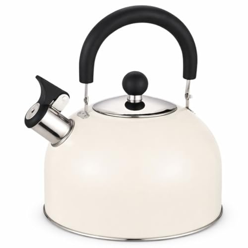 Premium 2.5L Stainless Steel Whistling Kettle for Camping, Gas Hob & Induction Hob, Fast Boil Stove Top Tea Water Kettle with Whistle, Black & White (White)