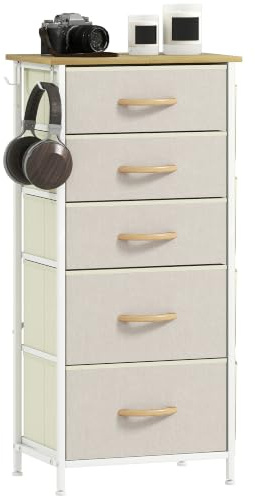 HOMCOM Kommode Schrank mit 5 Schubladen aus Vliesstoff mit Haken Beige | Aufbewahrungsschrank, Schubladenschrank, Seitentasche, Stahlrahmen, Modern Sideboard, für Schlafzimmer, Wohnzimmer