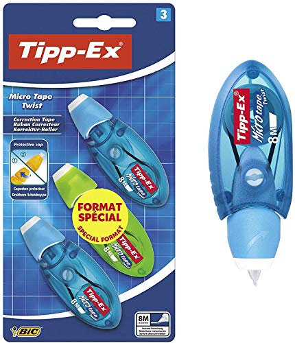 Tipp-Ex Korrekturroller Micro Tape Twist mit Schutzkappe, 8 m x 5 mm, 3er Pack, Ideal für das Büro, das Home Office oder die Schule