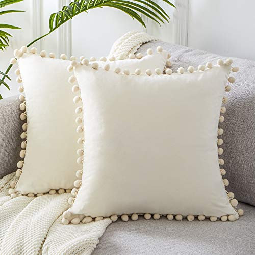Topfinel Dekorative Kissenbezug 50x50 mit Bommeln Weiche Partikel Samt Solide Kissenbezüge Kissenhülle für Couch Sofa Schlafzimmer Auto Sofakissen Couchkissen Dekokissen Wohnzimmer, 2er Pack Creme