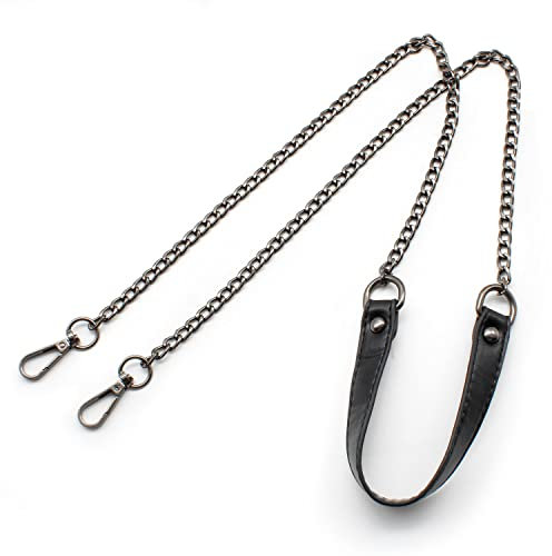 TIANLIN Taschenhenkel mit Taschenkette & Schulterriemen für Taschen - 120cm Gesamtlänge (Stahlgraue Metallkette + Schwarzes PU-Lederband), Kunstleder-Henkel mit Hakenverschluss