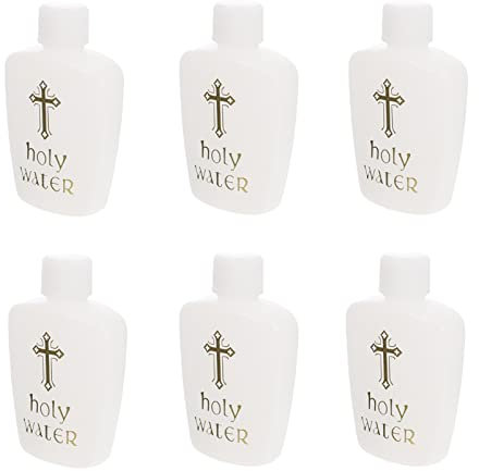 FOMIYES 6Pcs Empty Holy Water Bottles Set Refillable Party Water Bottle White with Gold Blocking Logo for Baptism and Exorcism (60ML)