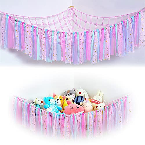LIUCONGBD Toy Hammock for Stuffed Animal with Colorful Tassels, Hanging Plush Toy Storage Net Corner, Boho Soft Toy Organizer Holder for Nursery Playroom Kids Bedroom Decor (Pink)