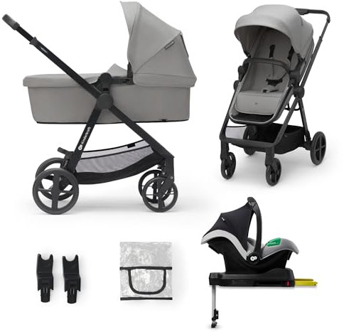 Kinderkraft Newly 4 in 1, Stroller, Pushchair, Travel System, Pram, Newborn Baby, Large Hood, Accessories, Easy Folding, Included Car Seat with ISOFIX Base, from Birth up to 22 kg, Gray