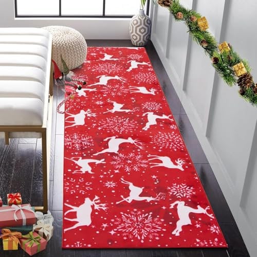 Carvapet Weihnachten Läufer Teppich 60x240cm rutschfest Lang Weihnachtsteppich Weiche Mikrofaser Schneeflocke Rentier Weihnachten Rot Waschbar Teppichläufer Küchenteppich Flächenteppich Laufteppich