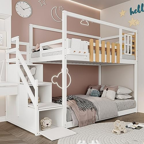 kubeier Etagenbett für Kinder, Bettgestell Mit Leiter Bettkasten, Kinderbett Doppelbett Kinderzimmer Bett Stockbett mit Lattenrost, Kinderhochbett Jugendhochbett 90x200cm
