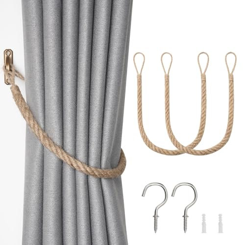Pretty Jolly 2 Pack Natural Jute Rope Curtain Tiebacks Boho Rustic Style Decorative Drape Tie Backs Elegant Hand-Woven Rope Curtain Holdbacks with Metal Hook for Home & Office Drapery (Jute-Rope)