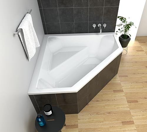 ECOLAM Baignoire d'angle acrylique symétrique IRMA 140 x 140cm | support universel en polystyrène | pieds siphon silicone | Ecoulement central