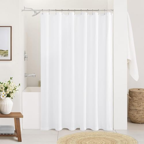 Rideau de douche en lin blanc bohème pour salle de bain – Tissu élégant texturé en mélange de lin et coton hydrofuge – Décoration rustique bohème avec crochets, 183 x 183 cm