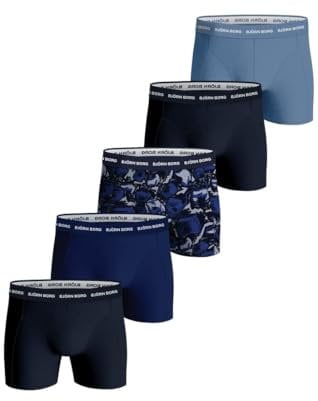 BJÖRN Borg Herren Boxershorts, 5er Pack - Cotton Stretch Boxer, Unterhose, Baumwolle, Logobund Dunkelblau/Blau XXL