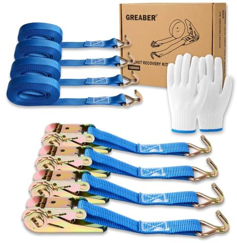 Ratchet Tie Down Straps, 4x5m Securing Strap, 4x Ratchet Straps Heavy Duty with Hooks, 1000kg Break Strength, 1x Work Gloves, Retractable Cargo Strap for Motorcycles,Car,Luggage,Household