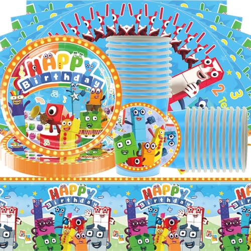 Doyomtoy Number Building Blocks Party Tableware Set, Serve 20 Guests, Cartoon Number Blocks, Birthday Party Tableware, Tablecloths, Plates, Cups, Napkins for Party Supplies Birthday