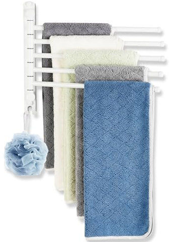 WJYMRO Schwenkbarer Handtuchhalter, Handtuchstange mit Wandmontage 180° Drehung, 5 Arme Handtuchhalter SUS 304 Edelstahl, Platzsparend für Küche, Bad, Outdoor, Weiß
