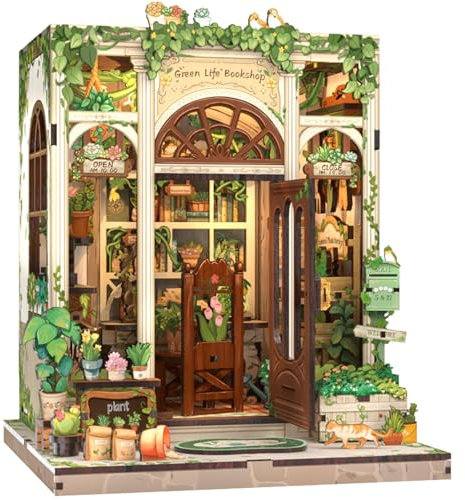 Cutefun Book Nook Kit, DIY Miniature Dollhouse Kit, 3D Wooden Puzzle Bookshelf with Led Light Decoraton for Teens and Adults (Green Life Bookshop)