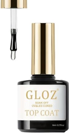 GLOZ No Wipe Top Coat Gel Nail Polish, UV/LED Soak-Off Clear Gel, High Gloss Shine, Long Lasting, Chip Resistant, Alcohol-Free, Suitable For Professionals & Salon Home Use- (8ML)