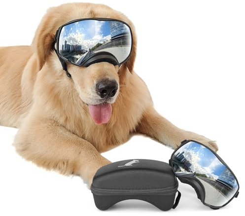 Namsan Lunettes de soleil pour chiens avec grand champ de vision, protection UV, lunettes de soleil pour chiens de grande taille, protègent les yeux des chiens, avec bande réglable et coussinets en