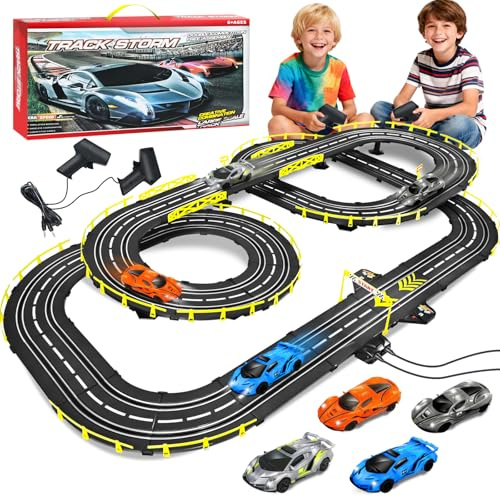 FORMIZON Elektrische Rennbahn Kinder, Doppelte Elektrische Rennstrecke Spielzeug mit 2 Handreglern, 4 Slot Cars, Geschenke für Kinder ab 6 Jahren(B)