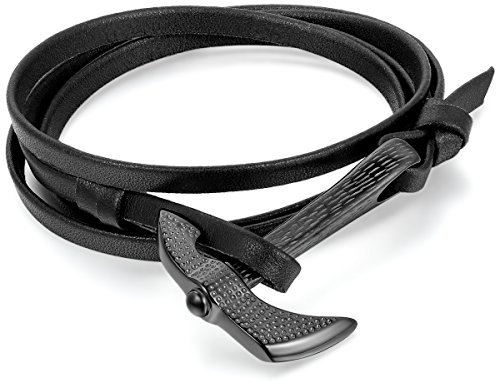 JewelryWe Schmuck Herren Damen Armband, Retro Axt Charms Armreif, Leder Echtleder Edelstahl, Schwarz