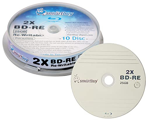 Smartbuy 10 Pack 2x 25GB Blue Blu-ray BD-RE Rewritable Branded Logo Blank Bluray Disc | Erasable Blank Blu-ray Recordable Data Media Disc, Rewritten up to 1,000 times, Hold Roughly 2 hours of high-definition Video