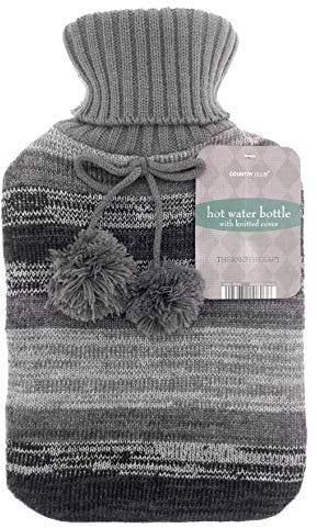 Large 2L Natural Rubber Hot Water Bottle with Warm Knitted Pattern Pom Pom Cover (Grey Distressed Stripes)